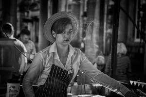 Sausage seller girl- street photography from Bath