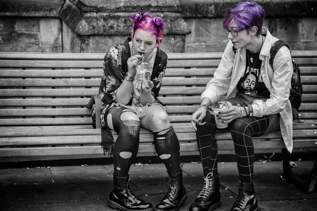pink and purple hair - street photography from Bath