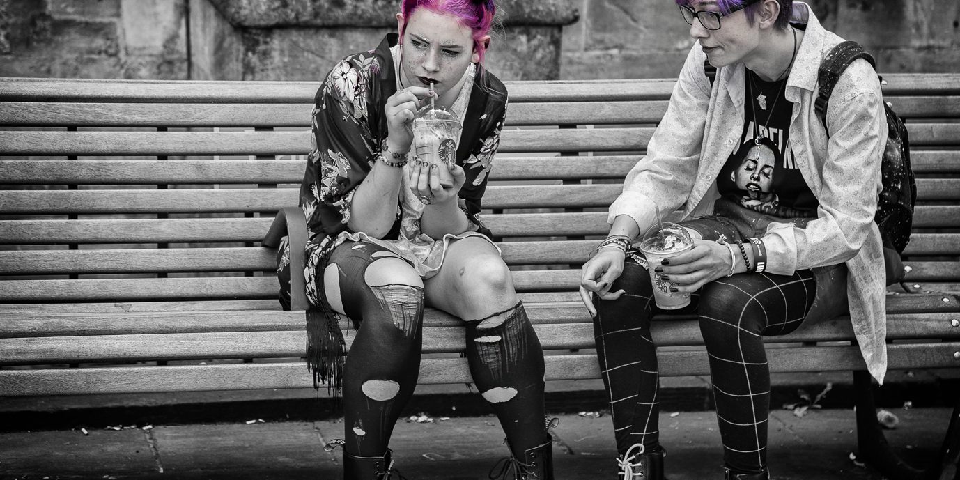 pink and purple hair - street photography from Bath