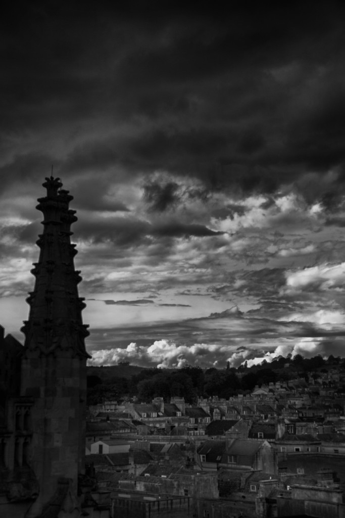 Bath Abey pillars and view of Bath - UK street Photography