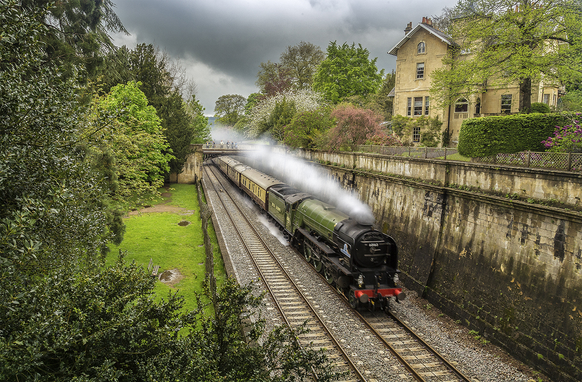 tornado steam train and pullman carriages through Bath-large